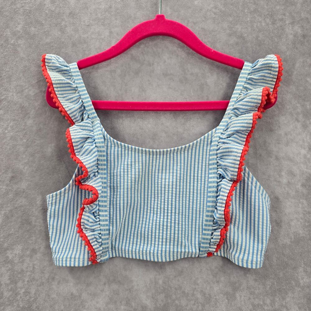 Cat & Jack Blue White Stripe Ruffle Ribbons Sleeveless Bikini‎ Top Girls M 7/8